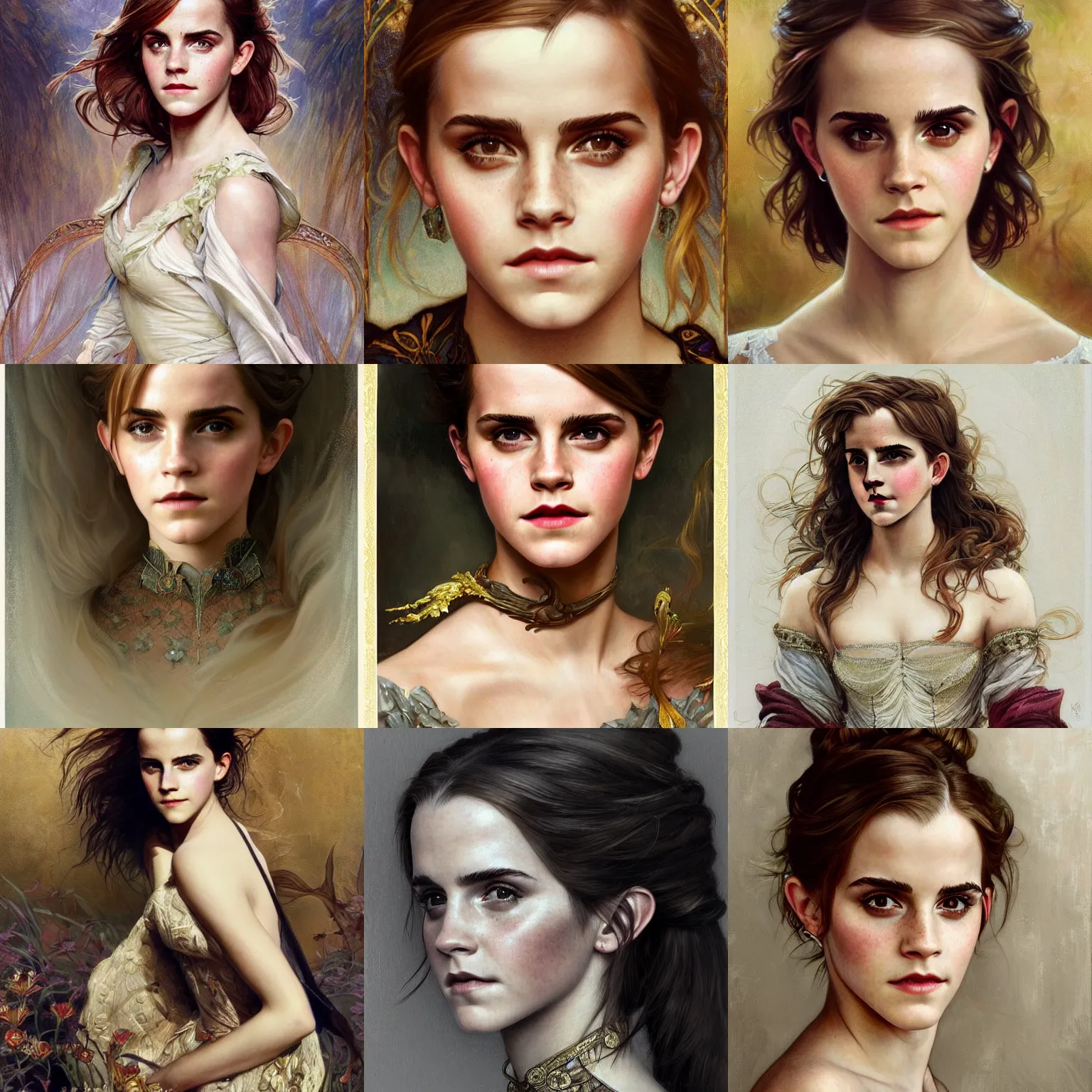 Prompt: Portrait of the Emma Watson, unreal, fantasy, intricate, elegant, dramatic, highly detailed, photorealistic, digital painting, painterly, artstation, concept art, smooth, sharp focus, art by John Collier and Krenz Cushart and Artem Demura and Alphonse Mucha and Albert Aublet