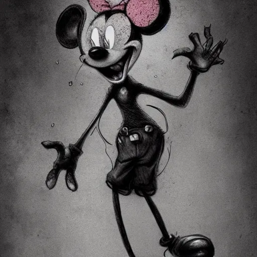 Image similar to michael karcz grunge drawing of mickey mouse. , in the style of corpse bride, loony toons style, horror themed, detailed, elegant, intricate, trending on artstation, 4k