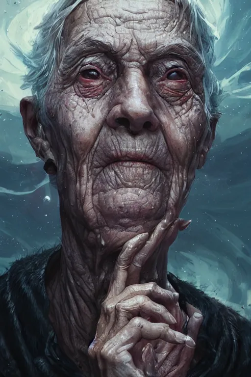 Image similar to the look of an elderly person full of wrinkles and imperfections by artgem and greg rutkowski, highly detailed, high contrast, trippy, nebula, trending on artstation