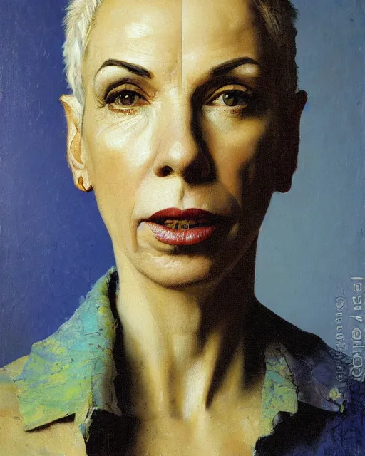 Image similar to portrait, annie lennox, impasto, Jean-Leon Gerome, chuck close:7, carl spitzweg:7, cinematic light, full face, symmetrical face, blue background