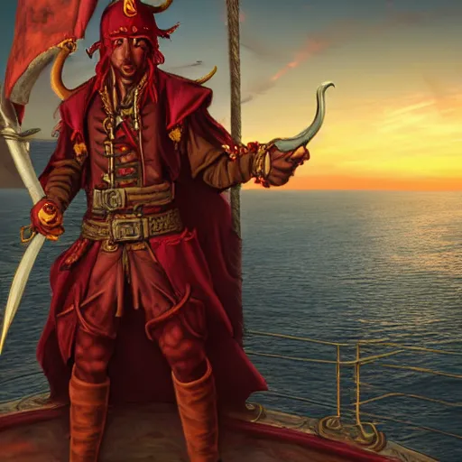 Prompt: a red - skinned horned male tiefling pirate, dungeons and dragons, wearing a pirate coat with shiny gold buckles and a rapier on his hip, standing at the prow of his ship looking out over the water, uhd, high detail, sunset lighting