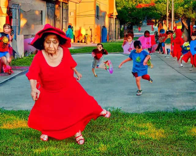 Image similar to Hispanic Granny In A Red MuMu Throwing A Slide Sandal At A Bunch Of Kids Running Away From Her, Anime Style, Manga Style, 8K, HDR, San Antonio Texas Cityscape Sunset, HDR, volumetric lighting, Hyperrealistic-H 960