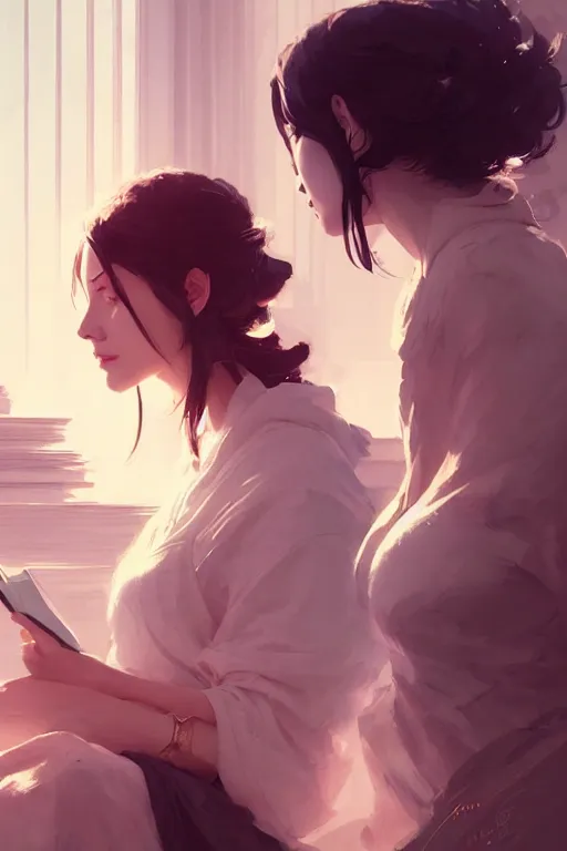 Image similar to portrait of two wise and very beautiful women discussing some texts, art by guweiz and greg rutkowski, intricate, elegant, highly detailed, smooth, sharp focus, artstation