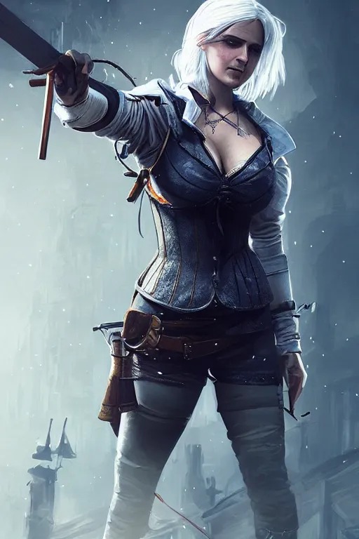 Image similar to a photo of Ciri from the Witcher 3 wearing a cyberpunk outfit shooting a gun, fantasy, intricate, beautiful, highly detailed, digital painting, artstation, concept art, smooth, high resolution, sharp focus, illustration