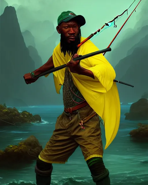 Prompt: fisherman, male, Jamaican, wide angle, yellows blacks greens reds, magical fishing rod weapon, D&D, fantasy, intricate, elegant, highly detailed, digital painting, artstation, octane render, concept art, matte, sharp focus, illustration, hearthstone, art by Artgerm and Greg Rutkowski and Alphonse Mucha