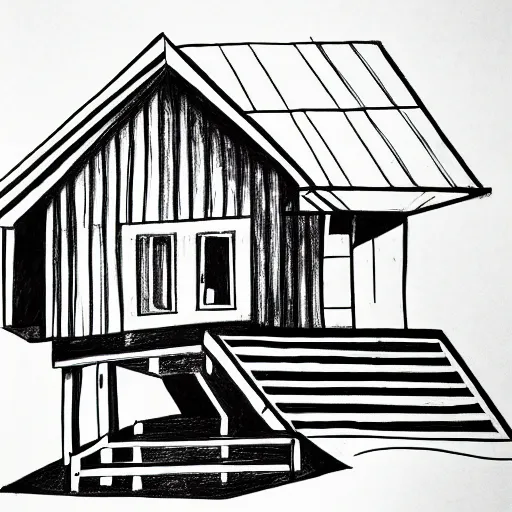 Image similar to imaginative drawing of a beach house, black ink outline, cel - shading