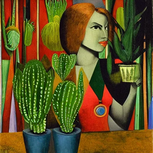 Image similar to painting by Max Ernst of a beautiful blonde woman with shoulder length hair in a forest green dress putting colorful succulents into rainbow pots at a square table
