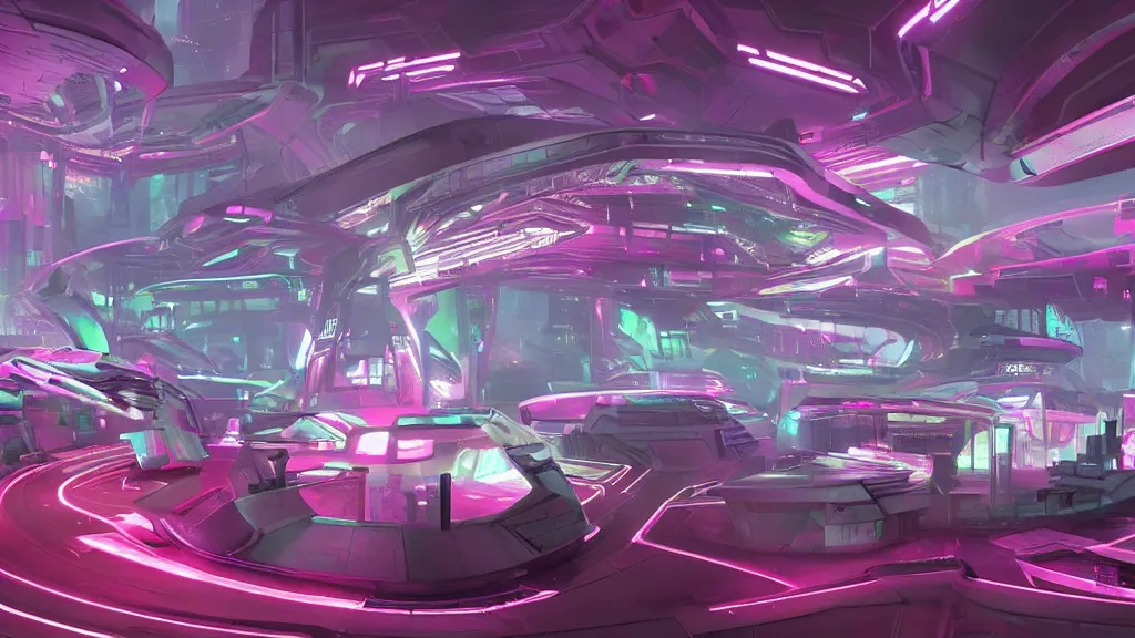 Prompt: sci-fi citadel, with exotic female alien gogo dancers standing on platforms, neon signs, modular shapes, contemporary aesthetic, like concept art on artstation, like zaha hadid