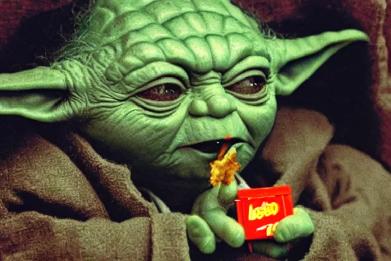 Image similar to yoda stoned with bloodshot eyes eating doritos, 1 9 8 5 lego set