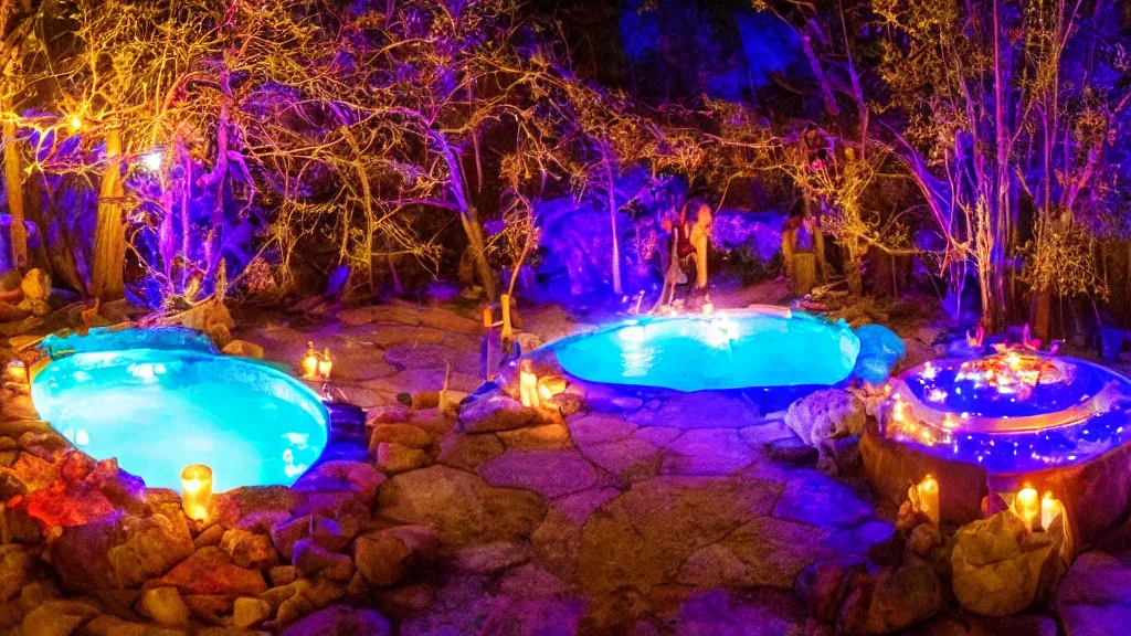 Prompt: party at midnight, bay area, peyote colors, fire pit, hot tub, candles, people, cozy, warm, beautiful, cozy environment, ornate, intricate, glowing emitting light ornaments, 8 k, rule of thirds, cinematic, highly detailed, movie still