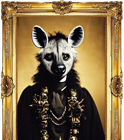 Image similar to professional studio photo portrait of anthro anthropomorphic spotted hyena head animal person fursona wearing elaborate pompous royal king robes clothes gold frame by Louis Daguerre daguerreotype tintype