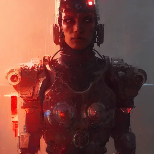 Image similar to cyborg warrior, red eyes, intricate, detailed, volumetric lighting, scenery, digital painting, highly detailed, artstation, sharp focus, illustration, concept art, ruan jia, greg rutkowski