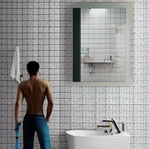 Prompt: a man standing in a bathroom, he is brushing his teeth and looks at himself in the mirror, his expression is happy, he seems to be Satisfied, the bathroom is bright, and The tiles have pastel colors, hyper detailed digital art Illustration but as photography, 8k