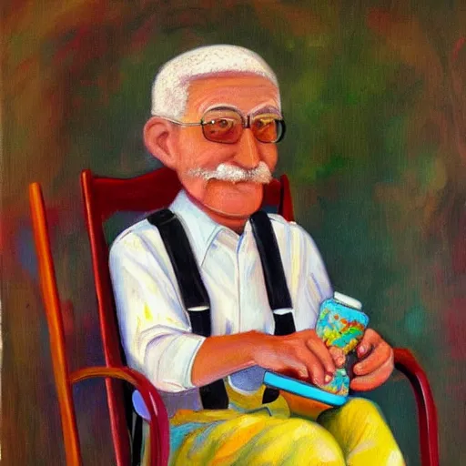 Image similar to a painting of grandpa yocheved avigayil batya tzfira wearing overalls on a rocking chair, telling stories, cute and wonderful vivid painting