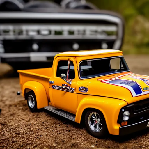 Image similar to a commercial photography of a hot wheels ford f 1 0 0 truck on a country dirt road diorama scene, cinematic lighting, product shot, detailed, hq, macro lens