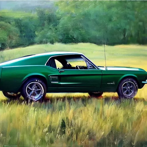 Image similar to green 1967 Ford Mustang GT, Swedish countryside, freedom, dawn, beautiful woman, atmospheric, painting by Vladimir Volegov