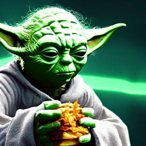 Image similar to A still of Yoda eating a Big Mac, 4k, photograph, ultra realistic, highly detailed, studio lighting