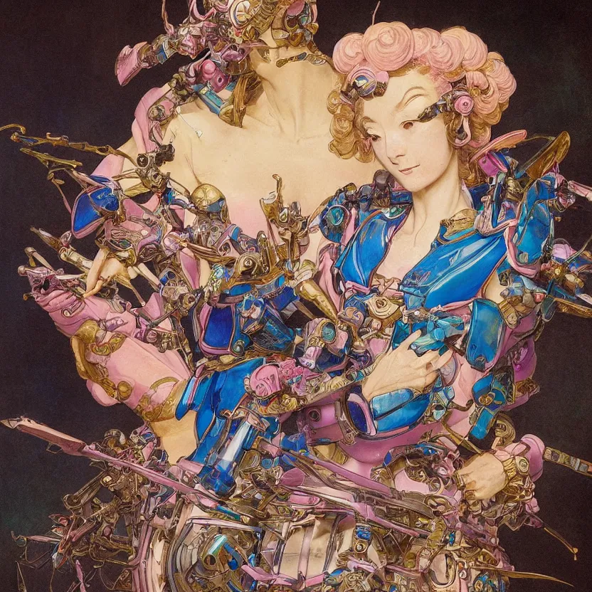 Prompt: a baroque neoclassicist renaissance portrait of a blue and pink iridescent whimsical 1 8 0 0 s japanese mecha gundam butterfly witch. reflective detailed textures. glowing eyes, dark background. highly detailed fantasy science fiction painting by moebius, norman rockwell, frank frazetta, and syd mead. rich colors, high contrast. artstation