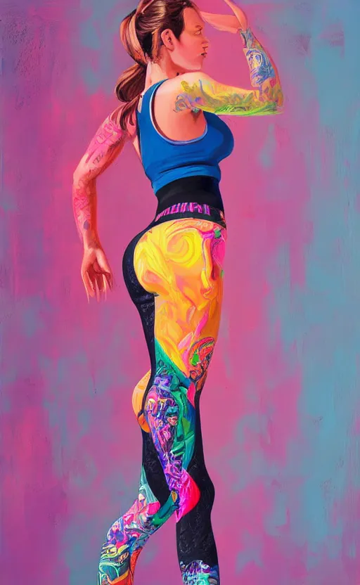 Prompt: beautiful detailed painting of a woman with a wide stance in yoga pants. vibrant, high quality, vibrant colors, very funny, beautiful, hq. hd. 4 k. award winning. trending on artstation