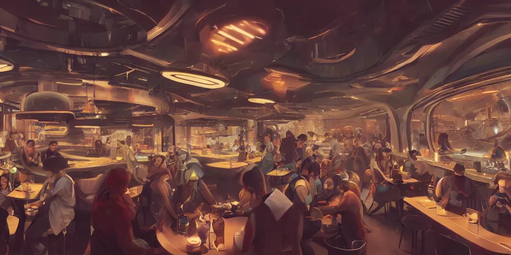 Image similar to Interior of a futuristic crowded restaurant with smoking machines, hyperdetailed, artstation, cgsociety, 8k