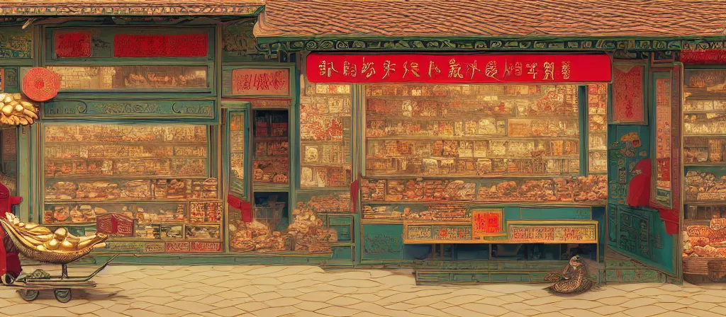 Prompt: a beautiful hyperdetailed render of roasted duck small shop, simple style, from china, with merchant logo, simple structure, surrealistic, chinese style, victo ngai, james jean, denoise, deblurring