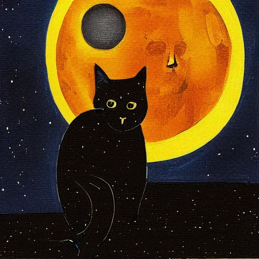 Image similar to “A black cat on top of a building at night with a full moon in the style of Vincent Van Vogh”