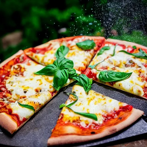 Prompt: In front of a roaring flame we see a cheese pizza with tomato slices and basil leaves flying off into the air, splashes of water, mozzarella chunks, sunshine, vivid colors, professional photo, bokeh