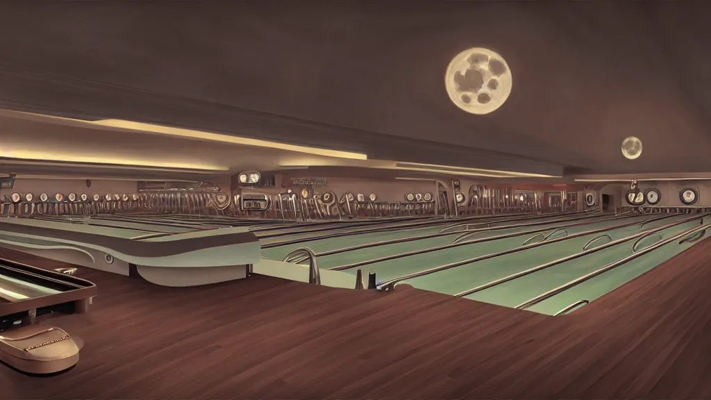 Image similar to art deco bowling alley, ultra detail, photoreal, soft moonlight lighting, realistic, wide angle, sharp focus, 8 k high definition, insanely detailed, intricate, elegant, art by artgerm and wlop