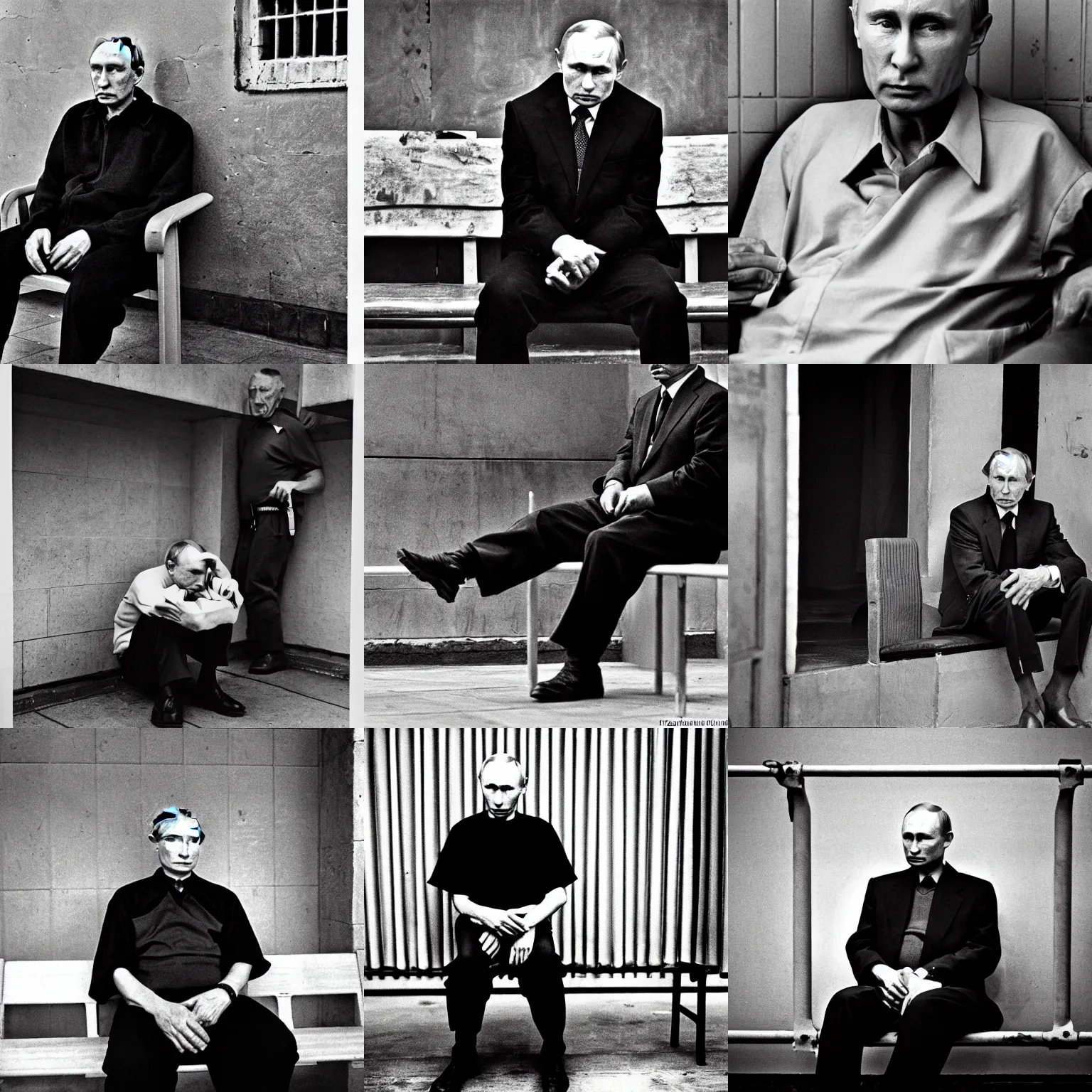 Prompt: a very sad fate of vladimir putin at his old age in prison clothes sitting on prison bench. detailed professional 3 5 mm black and white photo by don mccullin world press photo award