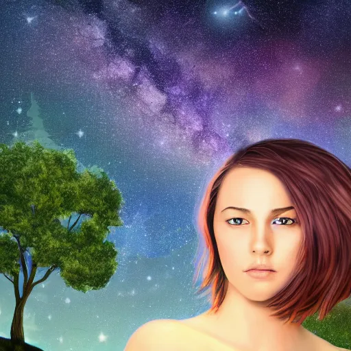 Prompt: an hd photo of a young woman with short brown hair, background of beautiful trees and night sky with colorful stars and galaxies, trending on artstation