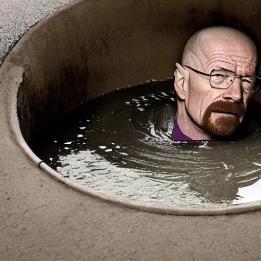 Prompt: Walter white emerging from a sewer hole