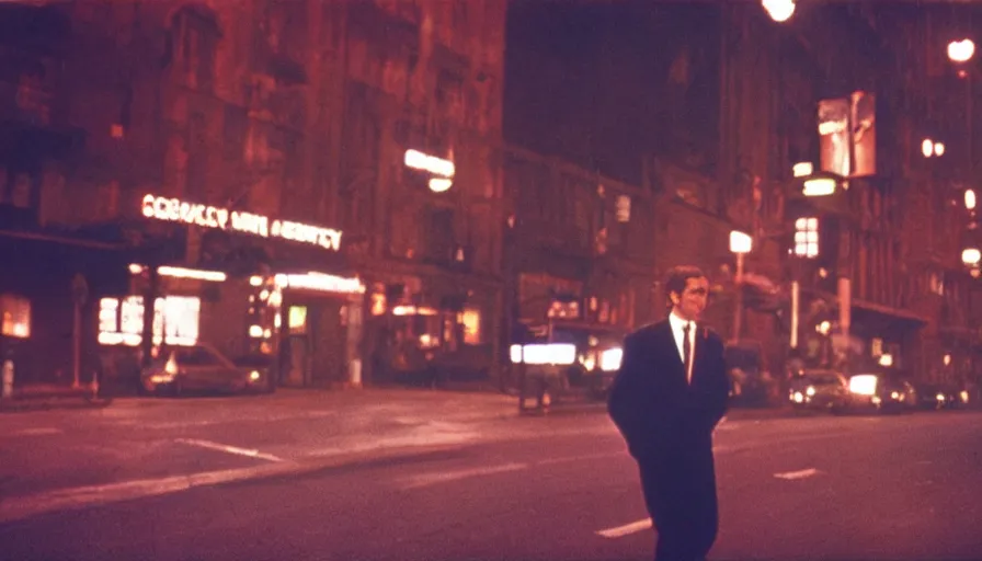 Prompt: 70s movie still portrait of Nicolas Sarkozy , cinestill 800t 18mm heavy grain, cinematic, dramatic dark lighning, brooklyn at night neon boards