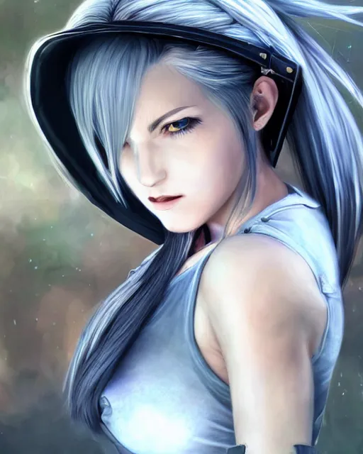 Image similar to tifa lockhart with white hair, beautiful face, garden, utopian city, solarpunk, perfect, attractive, illuminated, ultra realistic, atmosphere, cinematic, artstation, highly detailed