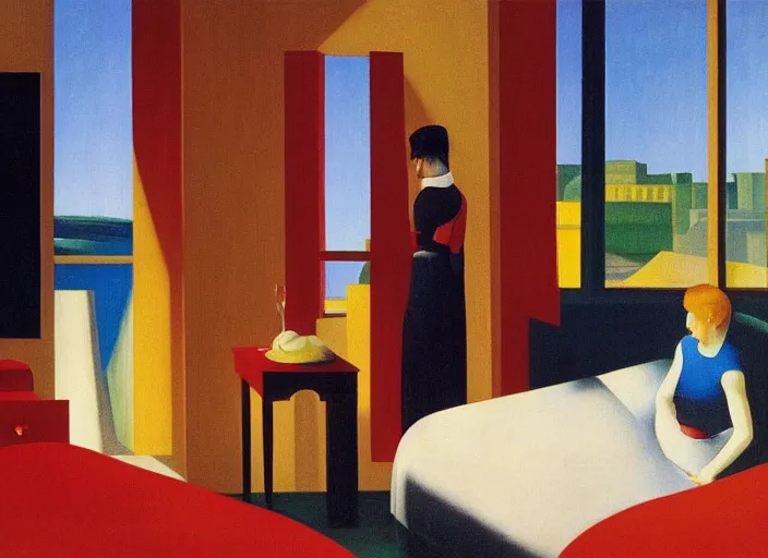Prompt: two people in a surreal hotel room in afternoon light, open ceiling, oil painting by edward hopper, chirico and rene magritte