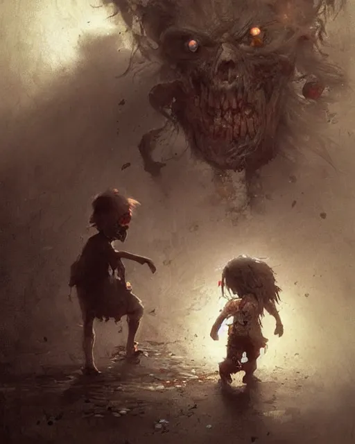 Prompt: a child zombie walking after a scared teenager by jean baptiste monge and greg rutkowski, painterly