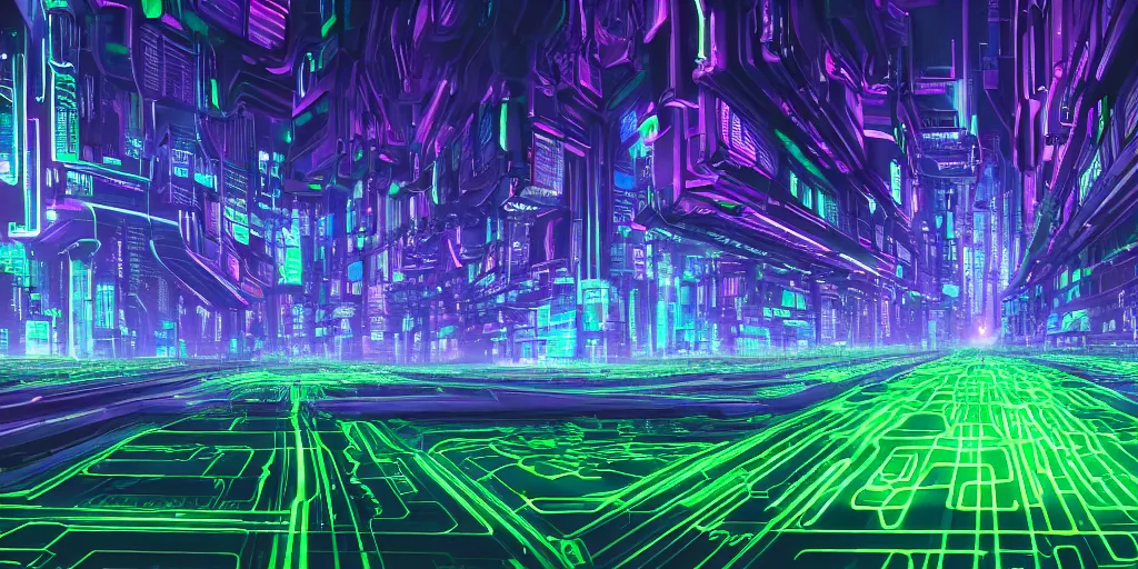 Image similar to a landscape view of a cybernetic cathedral overlooking an higway made of rows of glowing green codes and symbols, cyberpunk, beautiful detailed, cinematic, strong lighting, hi - fructose art magazine, photorealistic, 8 k, gradient cyan to purple