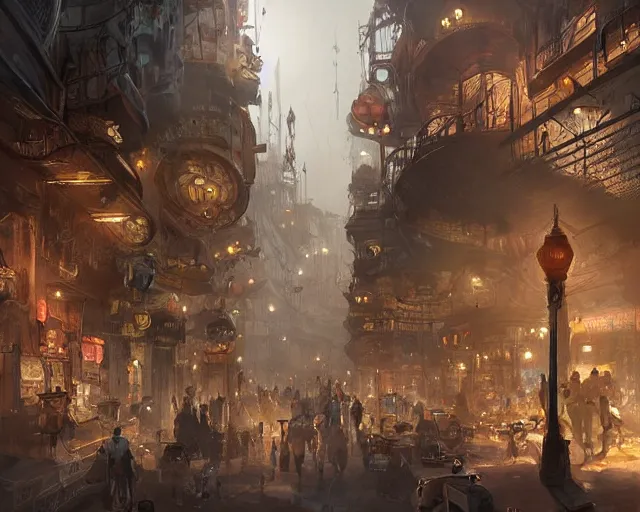 Image similar to bustling underbelly of a thriving steampunk city by james paick, trending on artstation