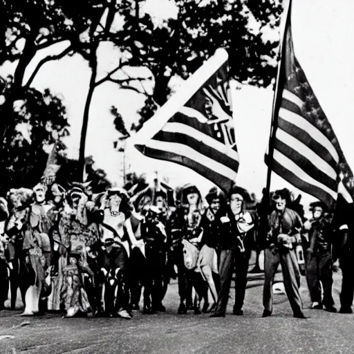 Prompt: Satanic States of America, alternate history, Satanic parade, 1940s, Pennsylvania Avenue, occult flags, goth crowds, 1940s fashion