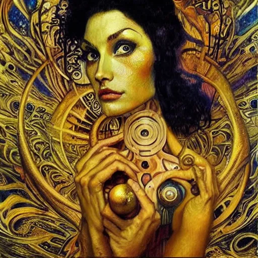 Image similar to Divine Chaos Engine by Karol Bak, Jean Deville, Gustav Klimt, and Vincent Van Gogh, beautiful visionary mystical portrait, sacred, otherworldly, fractal structures, ornate gilded medieval icon, third eye, spirals