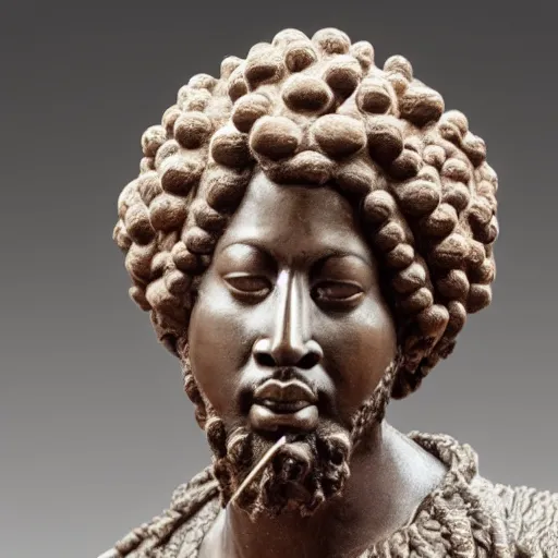 Image similar to east african man with curly hair as a marcus aurelius sculpture, intricate details, sharp focus