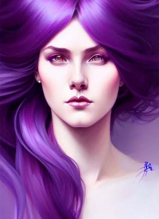 Image similar to Purple hair, creative colouring Portrait of woman, fashion, intricate, elegant, highly detailed, digital painting, artstation, concept art, smooth, sharp focus, illustration, art by artgerm and greg rutkowski and alphonse mucha