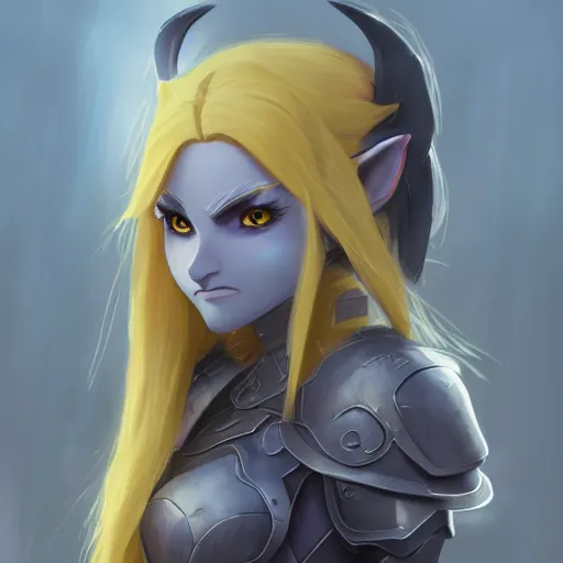 Prompt: a night elf girl with grey skin, yellow eyes and hair, ponytail, wearing armor, highly detailed, digital painting, artstation, matte, by makoto shinkai, animation style