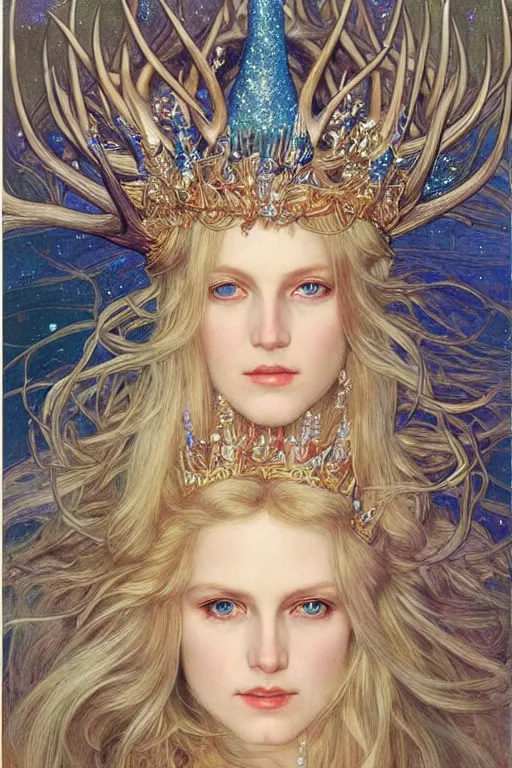 Image similar to a detailed portrait of a blonde haired blue eyed queen of glitter with an antler crown by wayne barlowe and mucha