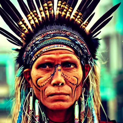 Image similar to portrait of a cyberpunk tribal woman, ornate headdress with cables feathers and bones, gritty realism, movie still,