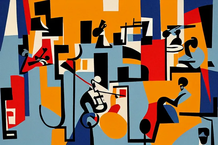Image similar to abstract art poster of jazz musicians in the style of Stuart Davis, matte illustration, texture,