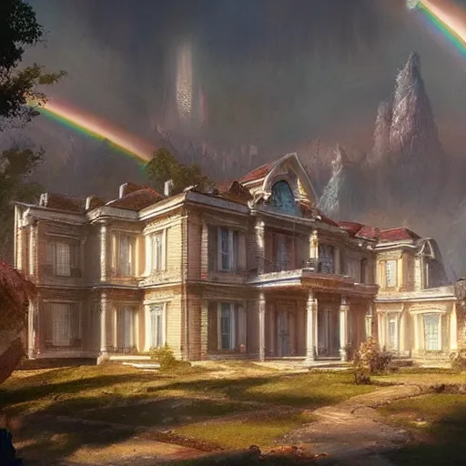 Prompt: mansion made of rainbows!!! and crystal, ethereal, reflections, rays of light, by greg rutkowski, trending on artstation, highly detailed