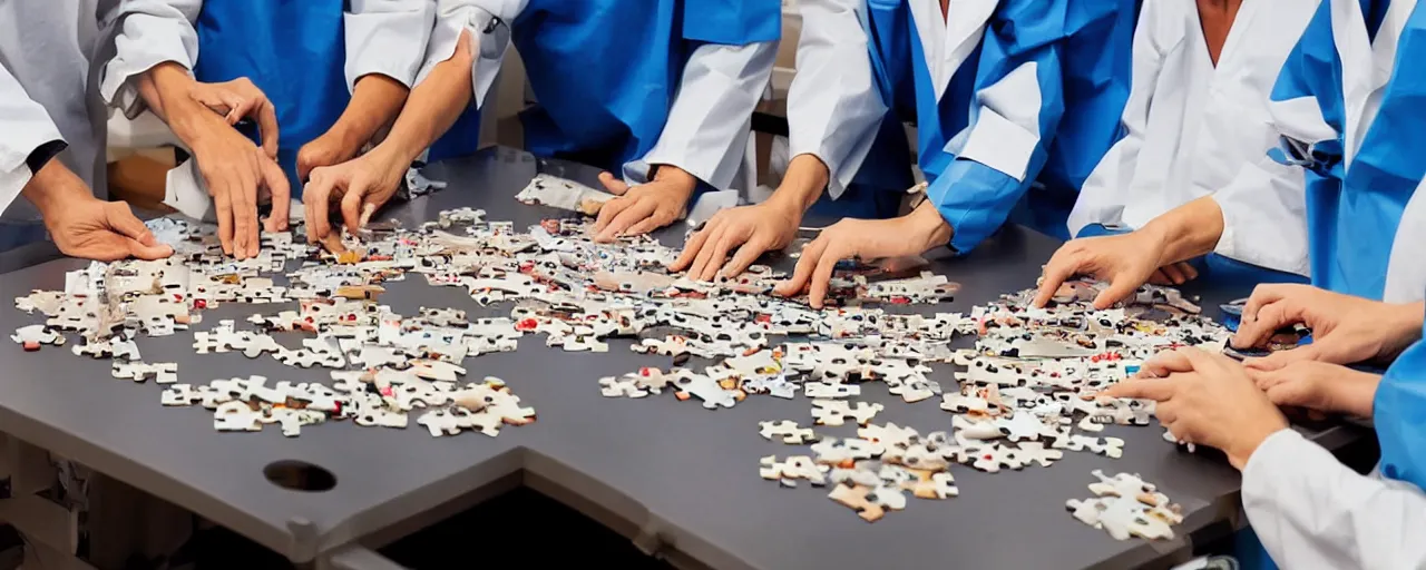 Prompt: a group of surgeons performing an operation on a jigsaw puzzle on a table