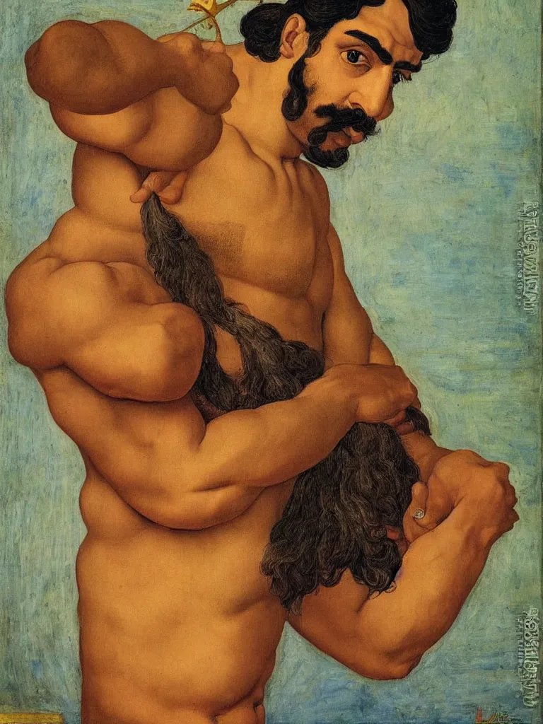 Prompt: portrait of a 20 years old muscular persian iranian wrestler handsome man with a mustache by victor Nizovtsev and botticelli