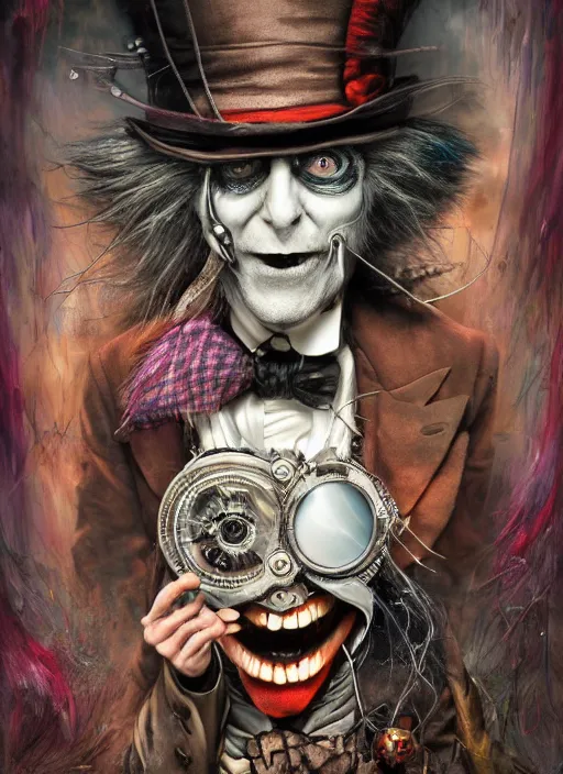 Image similar to mad hatter, angry, scary, cheeky, steampunk googles, highly detailed, cinematic, 8 k, by megan duncanson, benjamin lacombe, stanley artgermm, tom bagshaw, craig mullins, carne griffiths, ayami kojima, beksinski, giger, trending on deviantart, hyper detailed, horror, full of colour