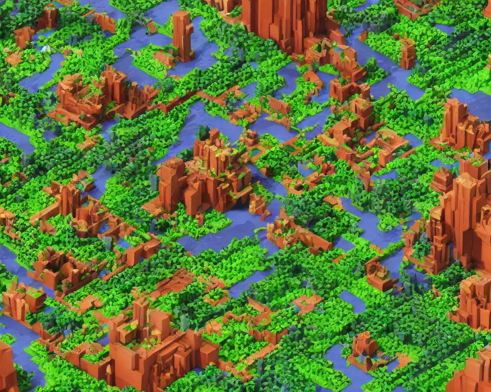 Image similar to the beastlands, isometric, made with voxels, avatar ( 2 0 0 9 ), lush landscape, jungle landscape